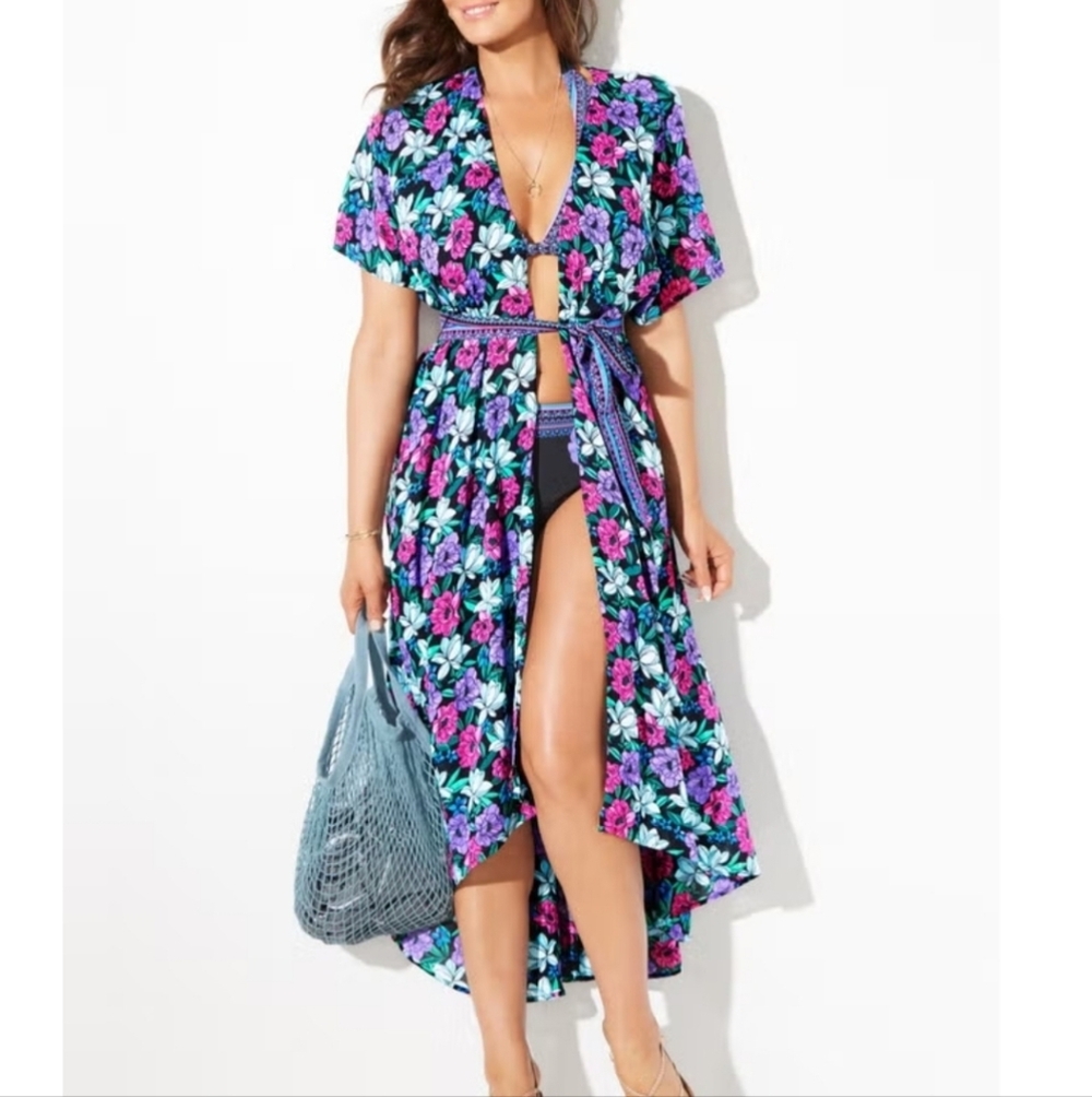 Swimsuits For All Chloe Tie-Front Swim Cover Up Duster Size 22/24 Floral Belted